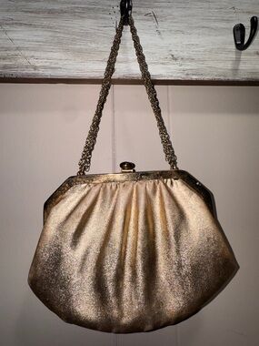 Vintage Gold Evening Clutch Purse Mid Century Satin Lined Chain Formal Bag 1940s